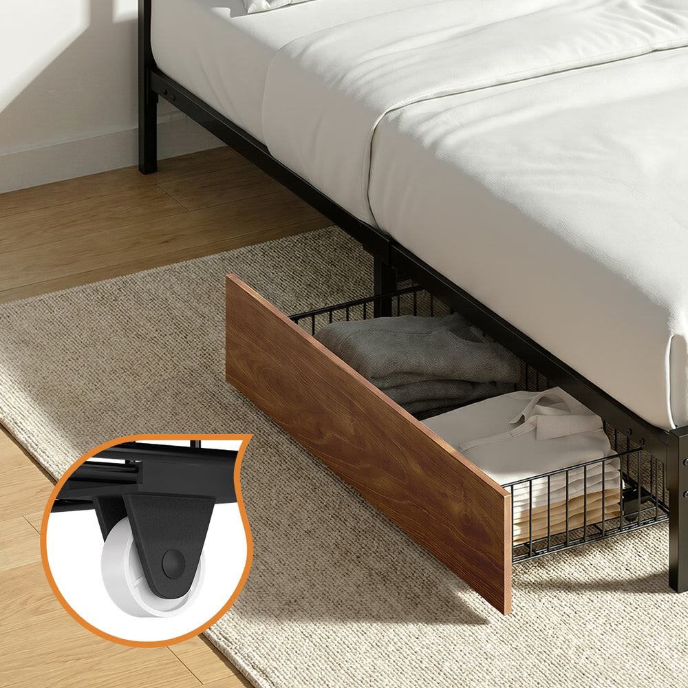 Metal Bed Frame King Single Bed Base Platform 2 Drawers Black