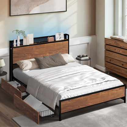 Metal Bed Frame Double Size with LED Headboard, 2 Storage Drawers & USB