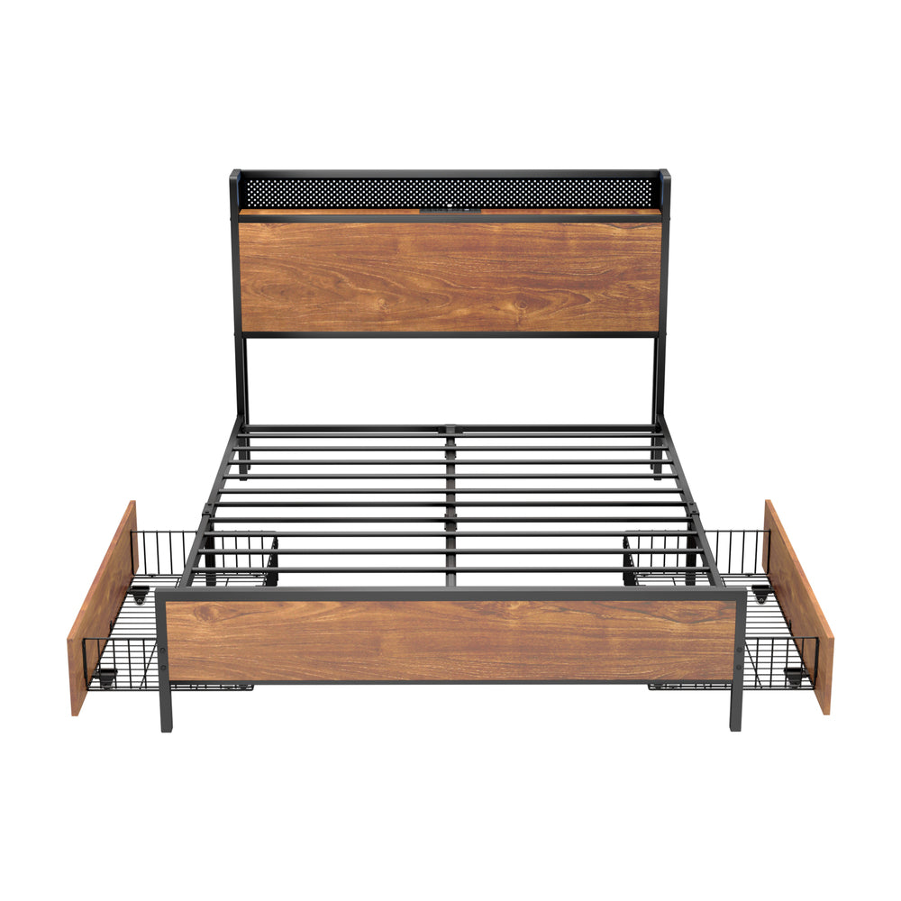 Metal Bed Frame Double LED Headboard 2 Storage Drawers USB