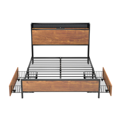 Metal Bed Frame Double LED Headboard 2 Storage Drawers USB