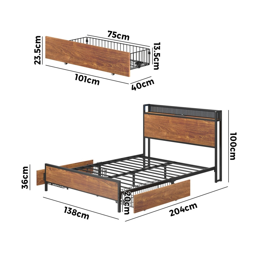 Metal Bed Frame Double LED Headboard 2 Storage Drawers USB