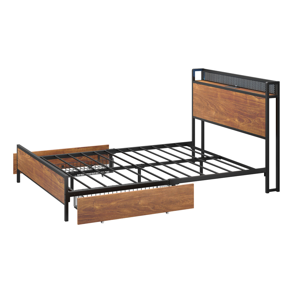 Metal Bed Frame Double LED Headboard 2 Storage Drawers USB