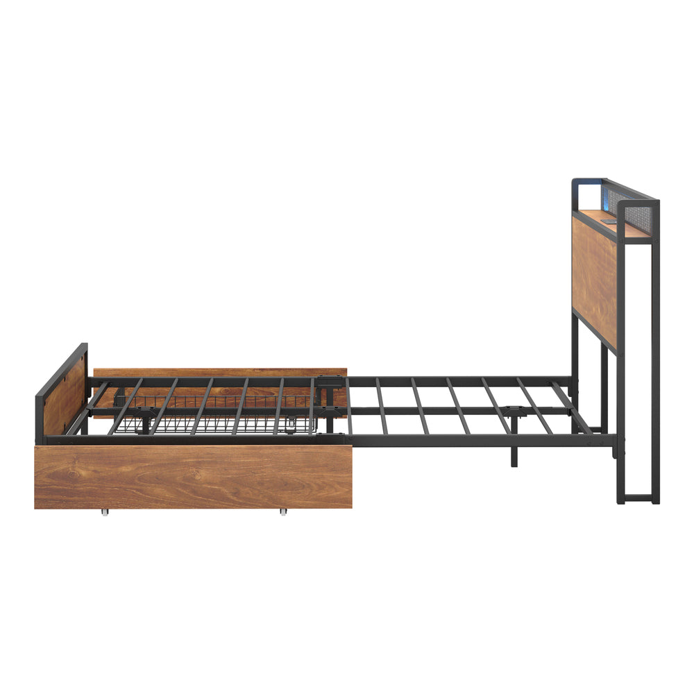 Metal Bed Frame Double LED Headboard 2 Storage Drawers USB