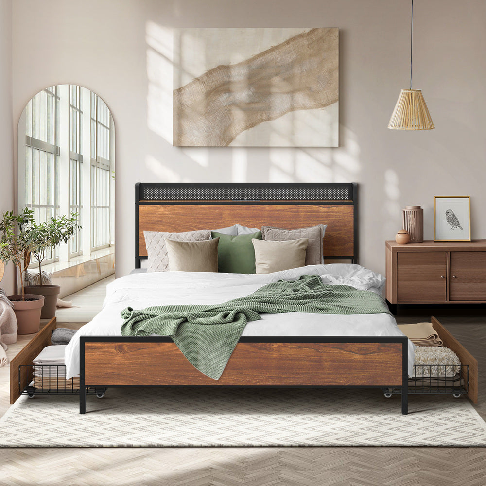 Metal Bed Frame Double Size with LED Headboard, 2 Storage Drawers & USB