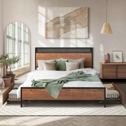 Metal Bed Frame Double LED Headboard 2 Storage Drawers USB