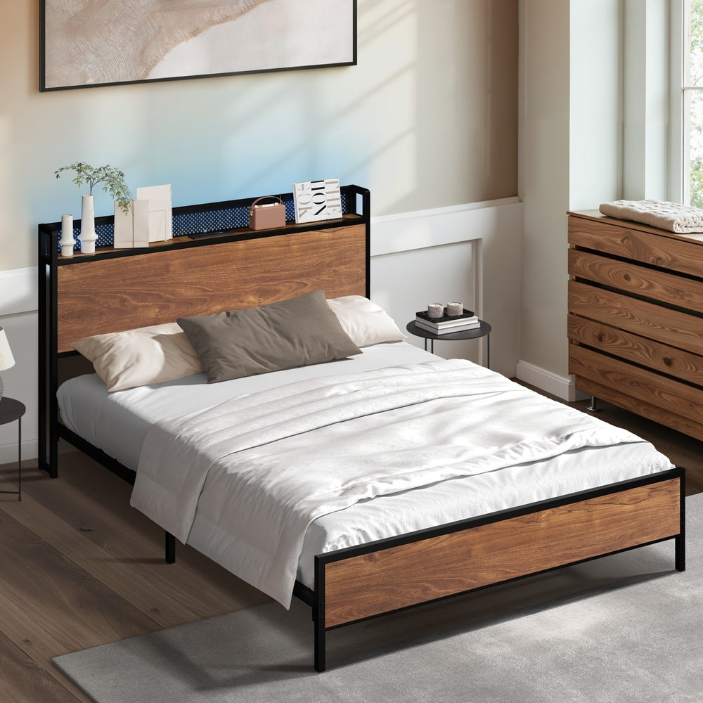 Metal Bed Frame Double LED Light USB Charge Storage Headboard