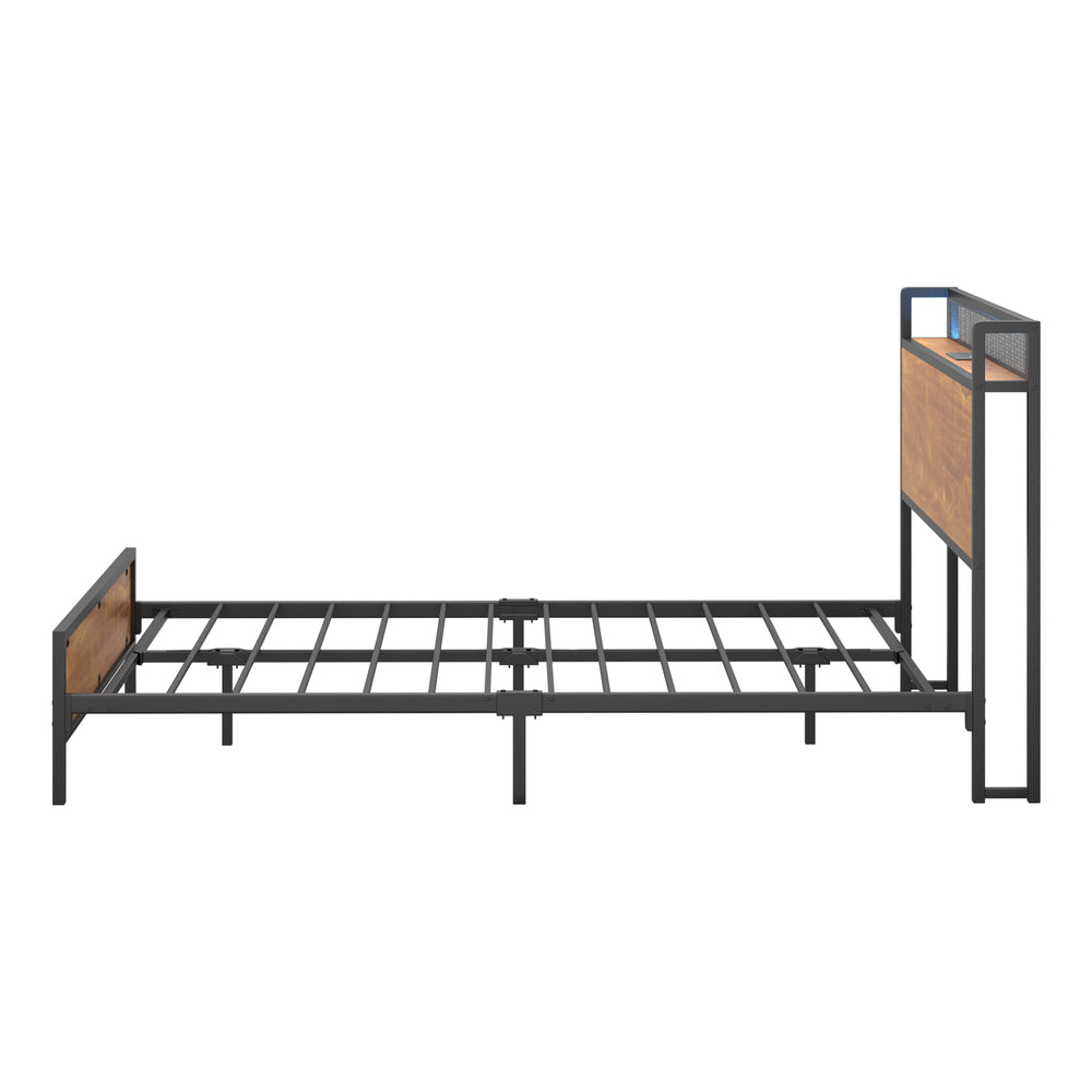 Metal Bed Frame Double LED Light USB Charge Storage Headboard