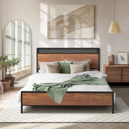 Metal Bed Frame Double LED Light USB Charge Storage Headboard