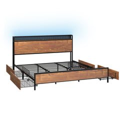 Metal Bed Frame King Size with LED Headboard, 4 Storage Drawers & USB Ports