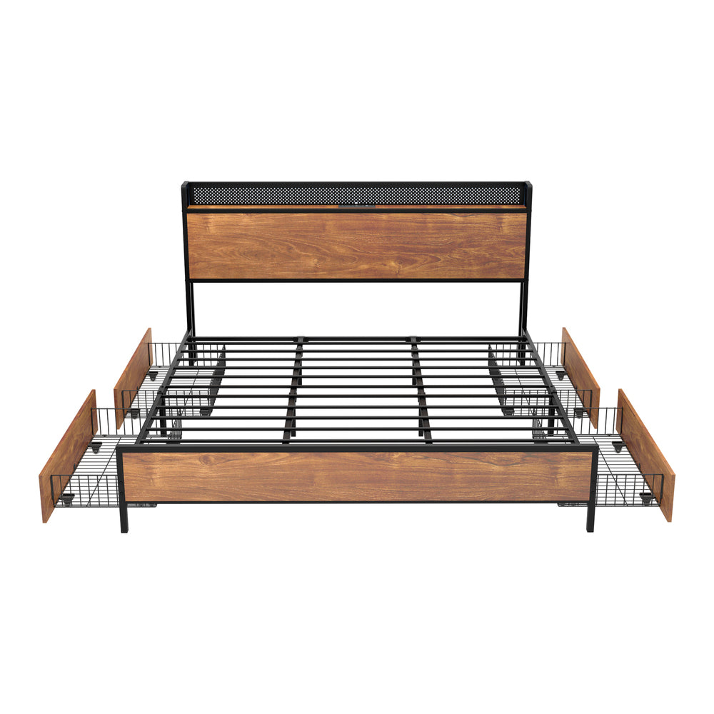 Metal Bed Frame King with LED Headboard 4 Storage Drawers USB