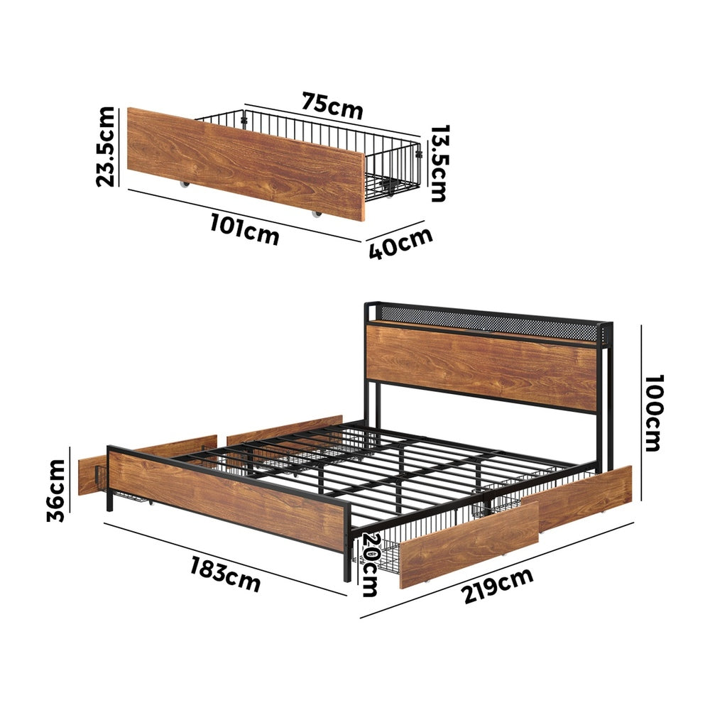 Metal Bed Frame King with LED Headboard 4 Storage Drawers USB