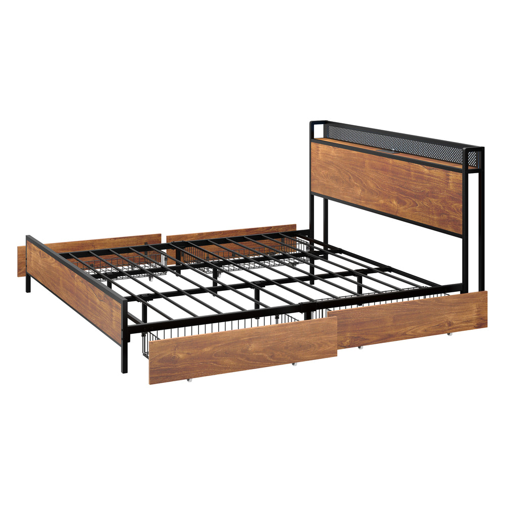 Metal Bed Frame King with LED Headboard 4 Storage Drawers USB