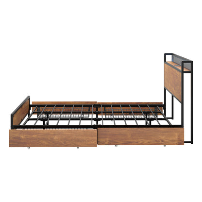 Metal Bed Frame King with LED Headboard 4 Storage Drawers USB