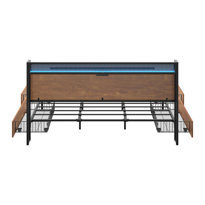 Metal Bed Frame King with LED Headboard 4 Storage Drawers USB