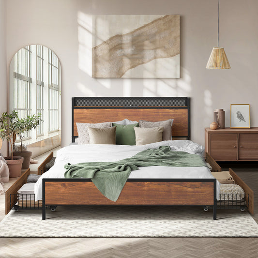 Metal Bed Frame King with LED Headboard 4 Storage Drawers USB