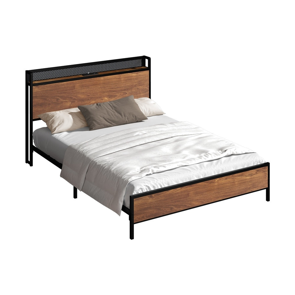 Metal Bed Frame King LED Light USB Charge Storage Headboard