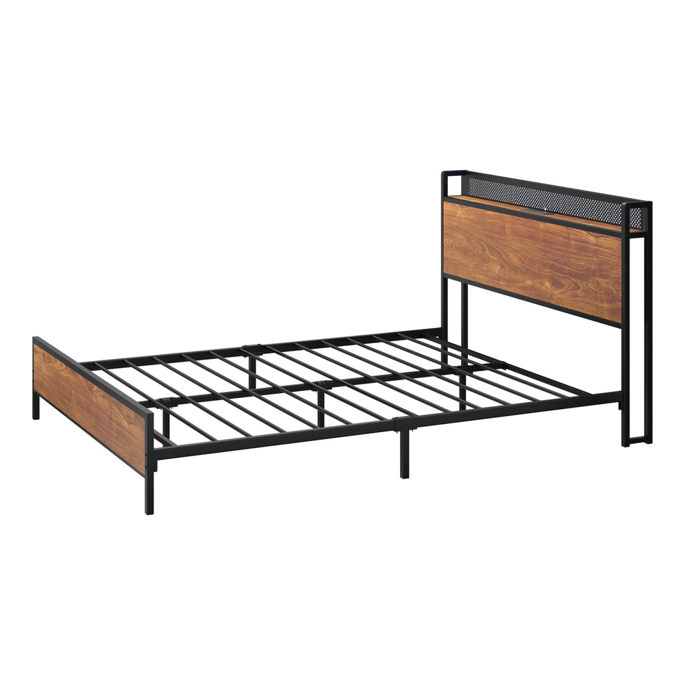 Metal Bed Frame King LED Light USB Charge Storage Headboard