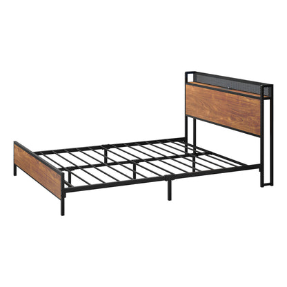 Metal Bed Frame King LED Light USB Charge Storage Headboard