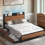 Metal Bed Frame Queen Size LED Headboard 4 Storage Drawers USB