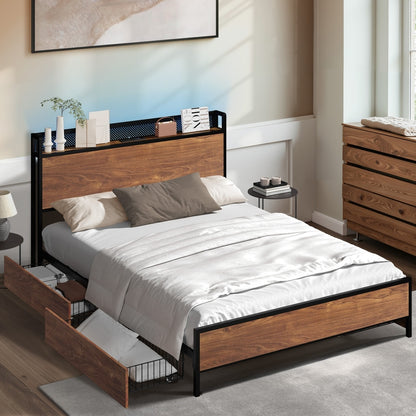 Metal Bed Frame Queen LED Headboard 4 Storage Drawers USB