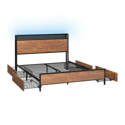 Metal Bed Frame Queen Size LED Headboard 4 Storage Drawers USB