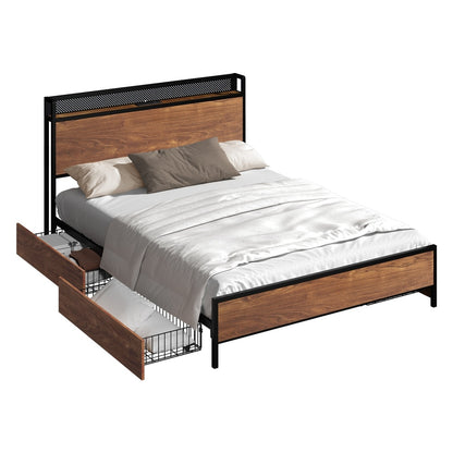 Metal Bed Frame Queen LED Headboard 4 Storage Drawers USB