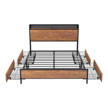 Metal Bed Frame Queen LED Headboard 4 Storage Drawers USB