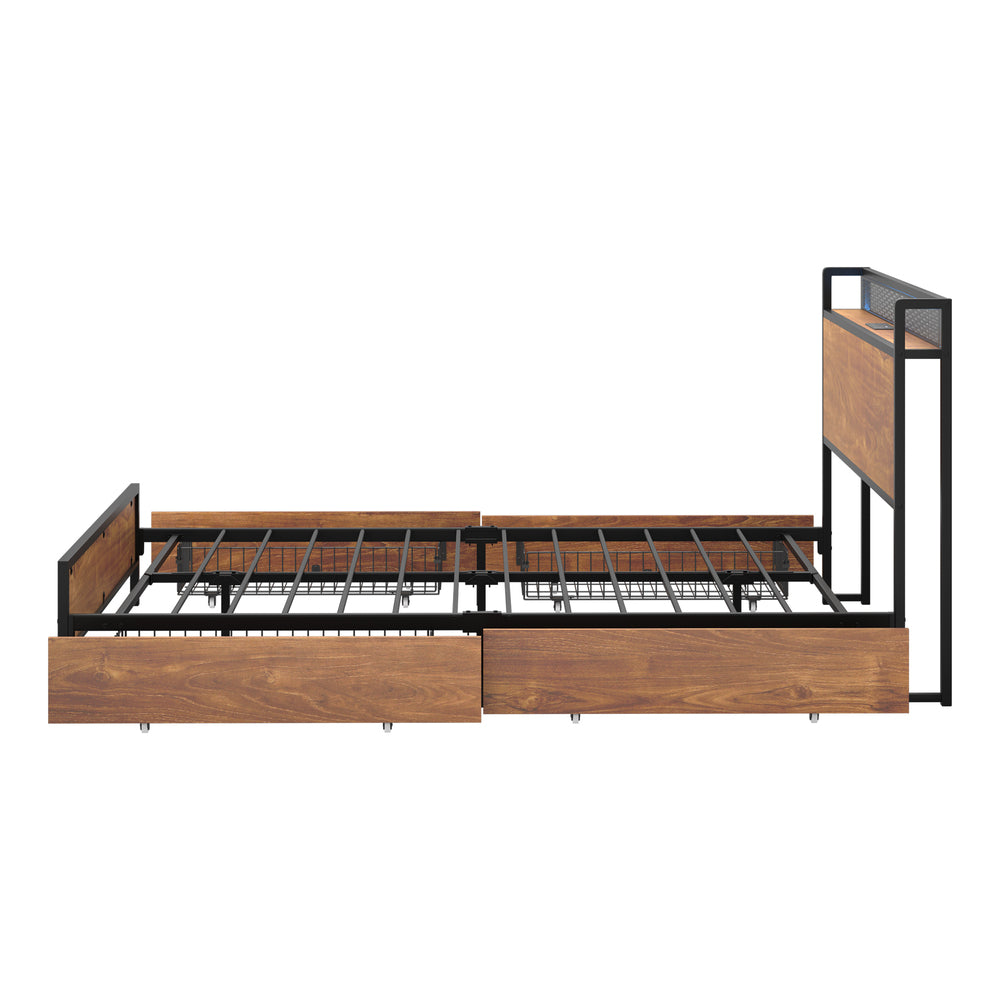 Metal Bed Frame Queen Size LED Headboard 4 Storage Drawers USB