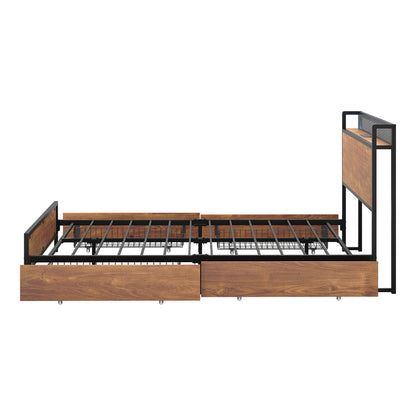 Metal Bed Frame Queen LED Headboard 4 Storage Drawers USB