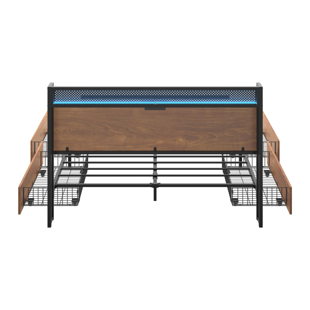 Metal Bed Frame Queen Size LED Headboard 4 Storage Drawers USB