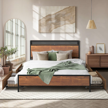 Metal Bed Frame Queen Size LED Headboard 4 Storage Drawers USB