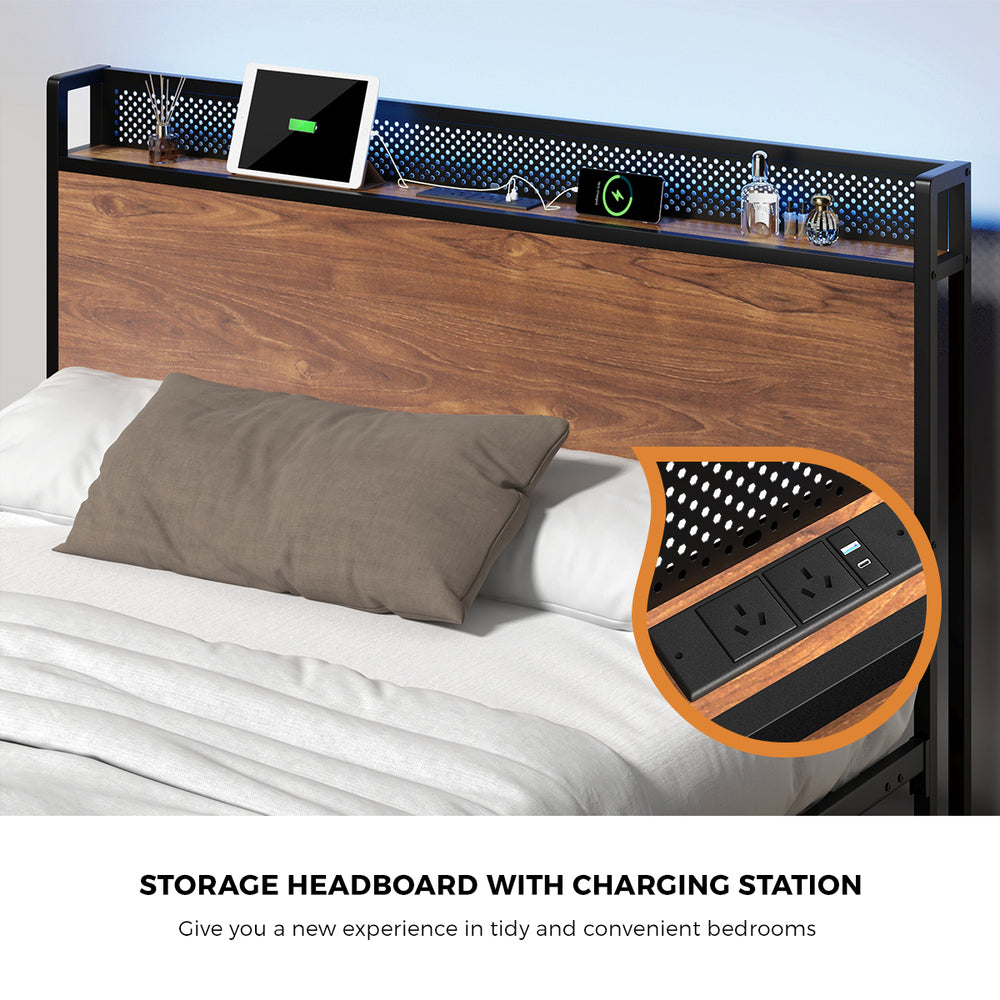 Metal Bed Frame Queen Size LED Headboard 4 Storage Drawers USB