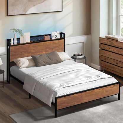 Metal Bed Frame Queen LED Light USB Charge Storage Headboard