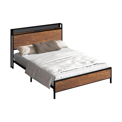 Metal Bed Frame Queen LED Light USB Charge Storage Headboard