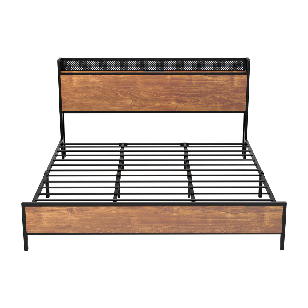 Metal Bed Frame Queen LED Light USB Charge Storage Headboard