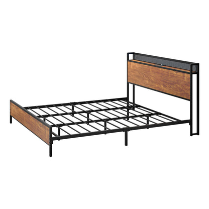 Metal Bed Frame Queen LED Light USB Charge Storage Headboard
