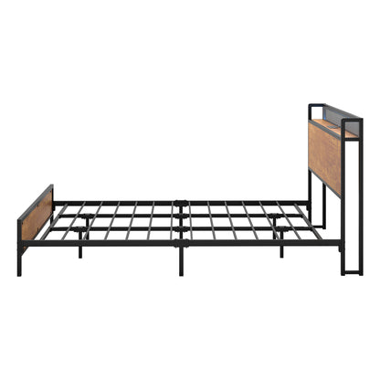 Metal Bed Frame Queen LED Light USB Charge Storage Headboard
