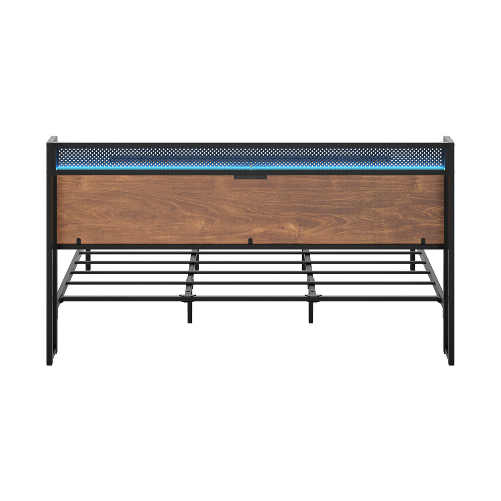 Metal Bed Frame Queen LED Light USB Charge Storage Headboard