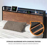 Metal Bed Frame Queen Size LED USB Charge Storage Headboard