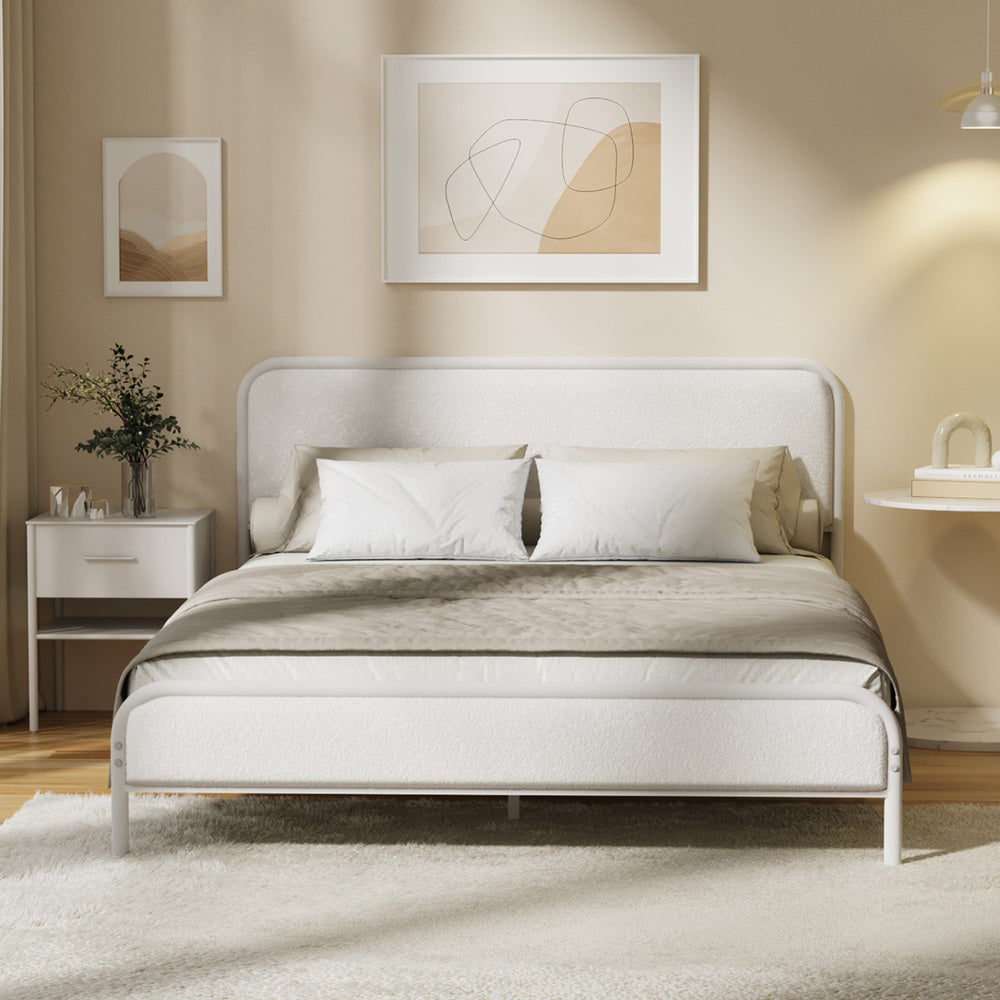 Metal Bed Frame King Single/Double/Queen Size Bedhead Boucle Fabric Beige