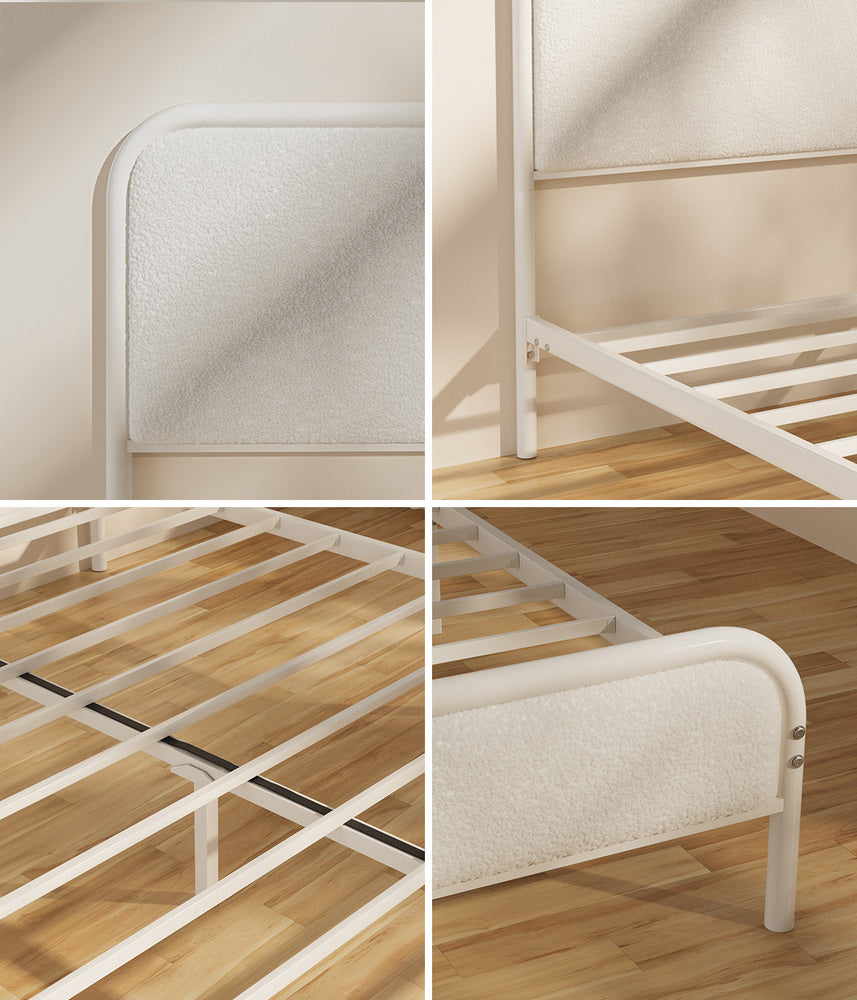 Metal Bed Frame King Single/Double/Queen Size Bedhead Boucle Fabric Beige