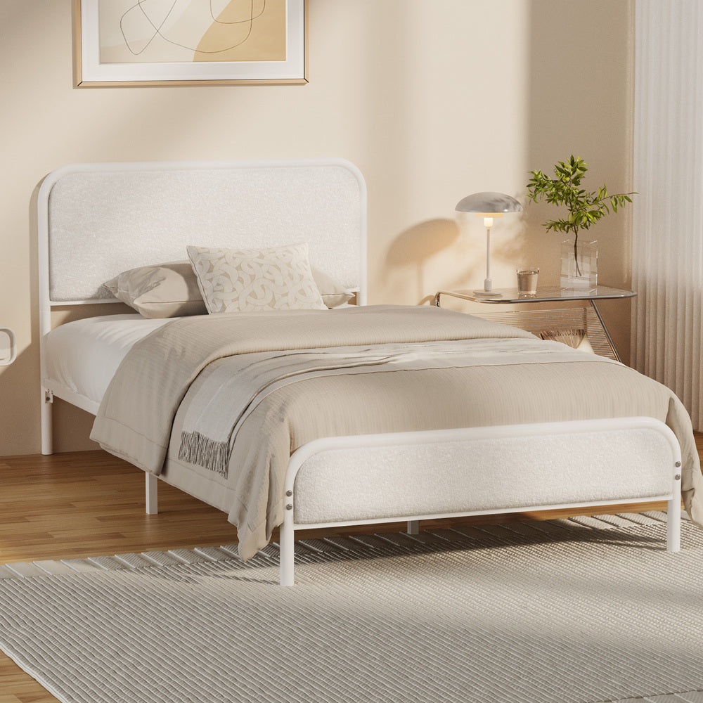 Metal Bed Frame King Single/Double/Queen Size Bedhead Boucle Fabric Beige