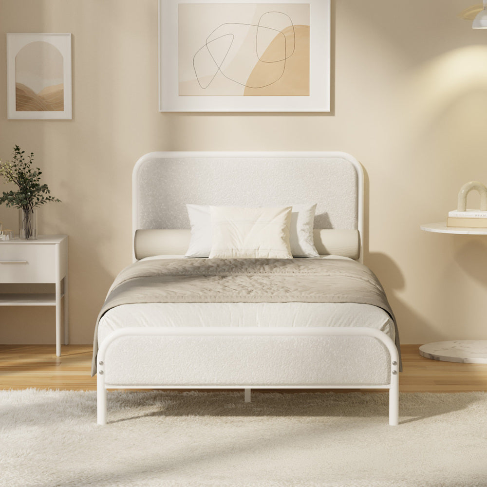 Metal Bed Frame King Single/Double/Queen Size Bedhead Boucle Fabric Beige