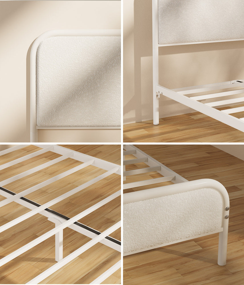 Metal Bed Frame King Single/Double/Queen Size Bedhead Boucle Fabric Beige