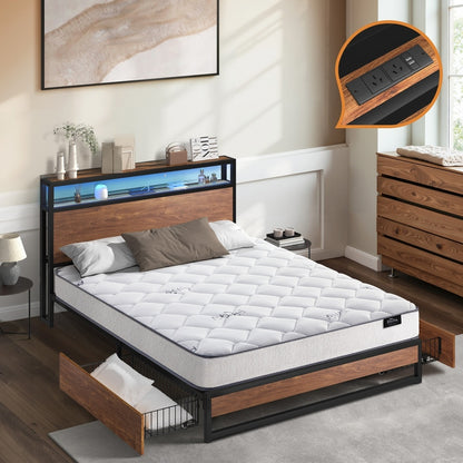 Double LED Bed Frame Storage Drawers USB | HomeAndLiving