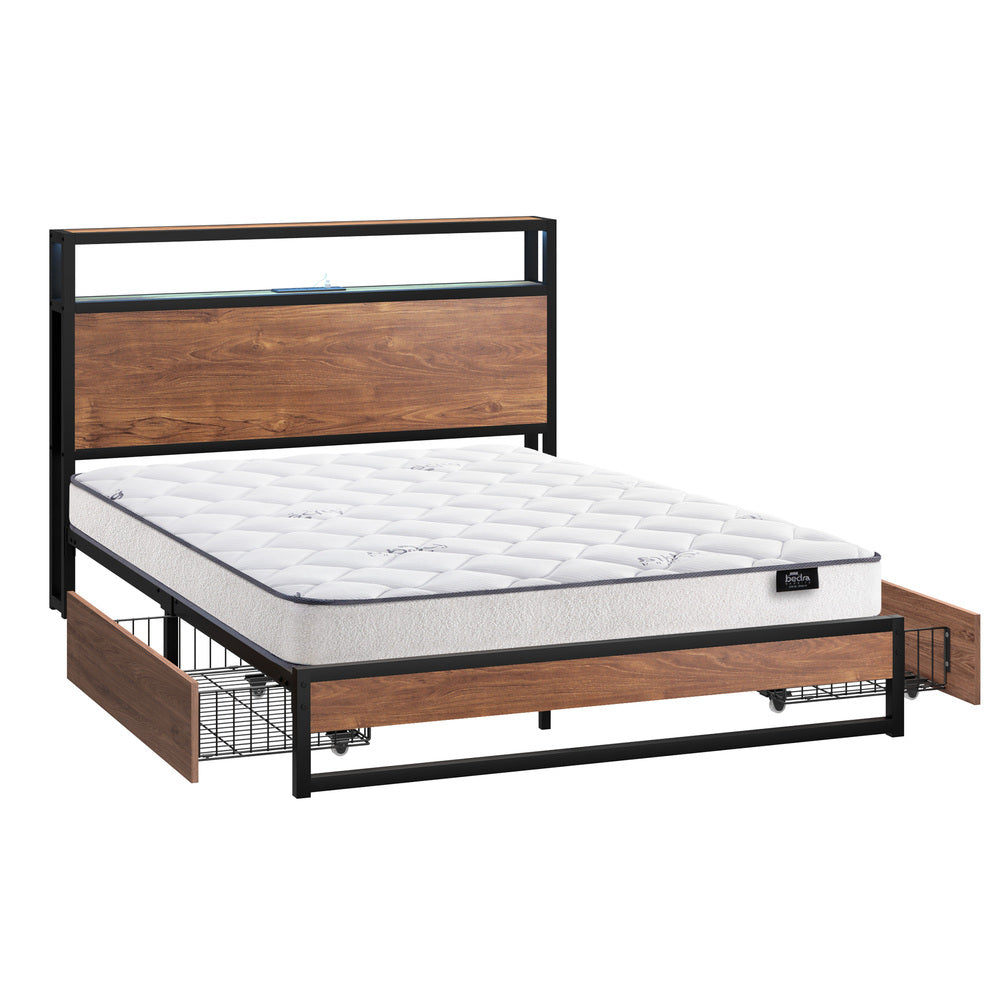 Industrial Metal Bed Frame Double with LED, 2 Drawers, USB Ports & Mattress 204cm
