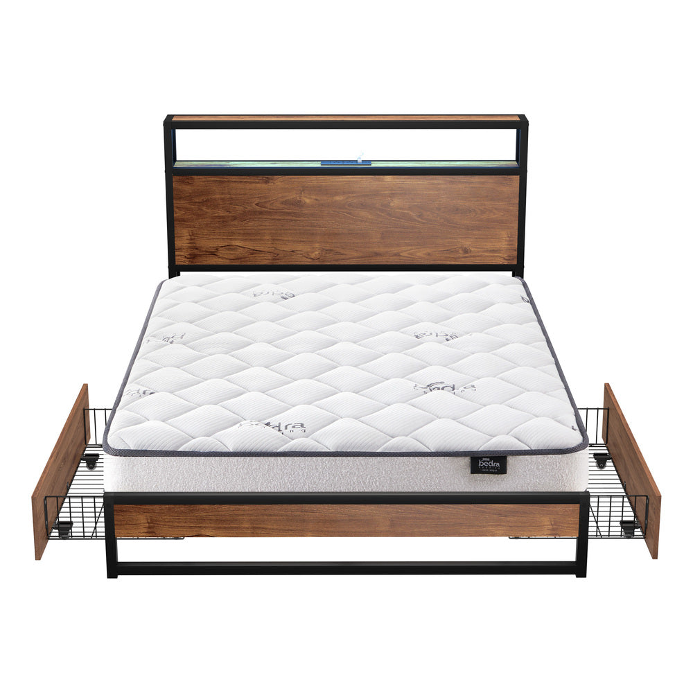 Industrial Metal Bed Frame Double with LED, 2 Drawers, USB Ports & Mattress 204cm