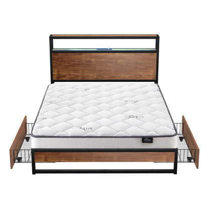 Industrial Metal Bed Frame Double with LED, 2 Drawers, USB Ports & Mattress 204cm