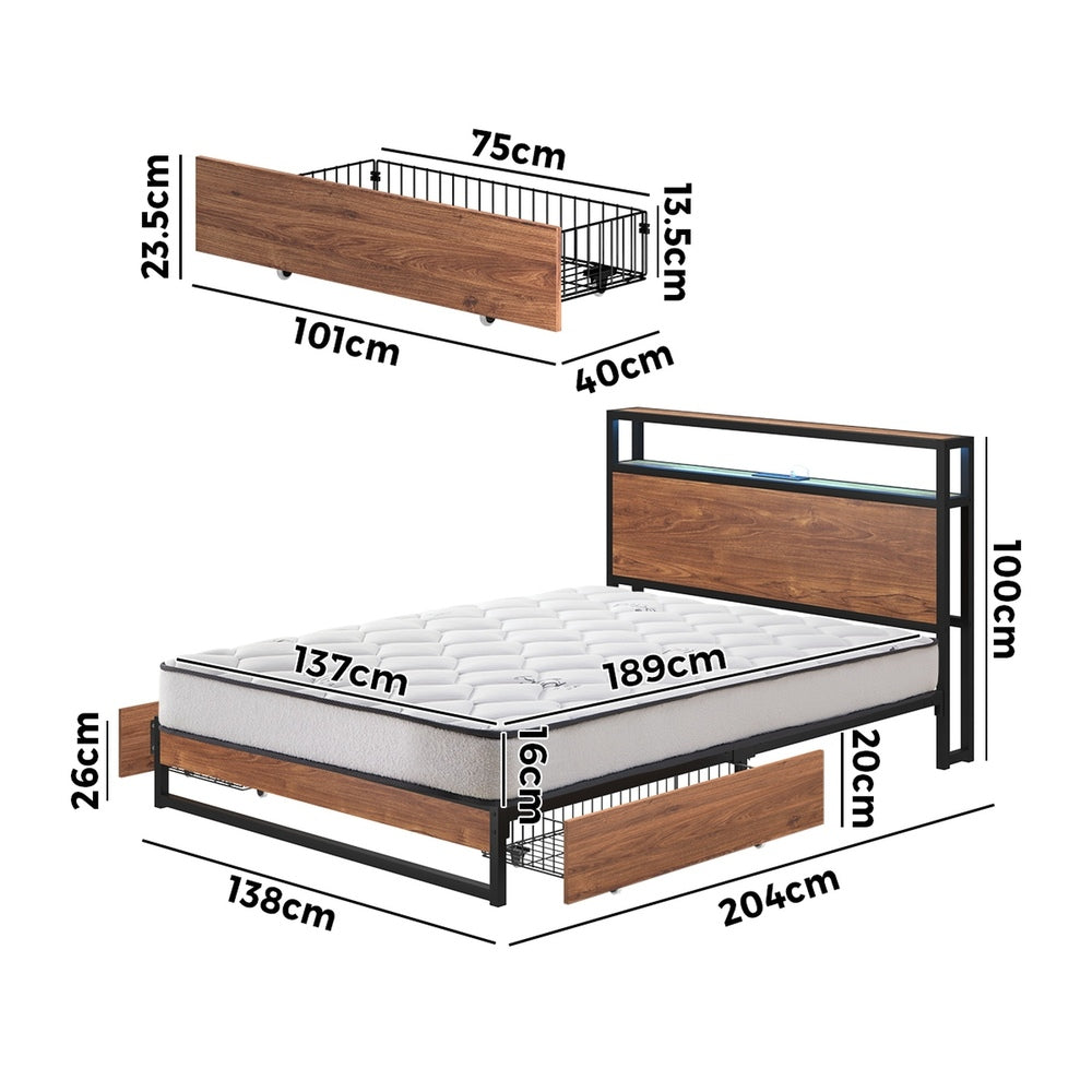 Industrial Metal Bed Frame Double with LED, 2 Drawers, USB Ports & Mattress 204cm