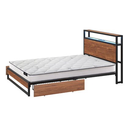 Industrial Metal Bed Frame Double with LED, 2 Drawers, USB Ports & Mattress 204cm